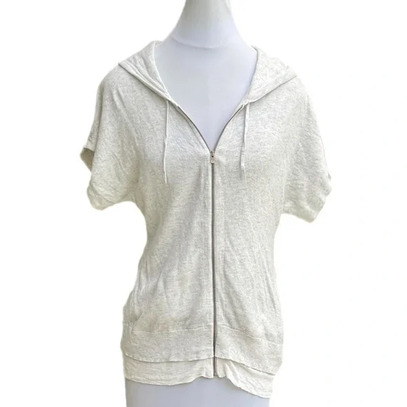 Theory Light Grey Short Sleeve Zippered Hoodie Cardigan Jacket Large L P - Picture 2 of 12